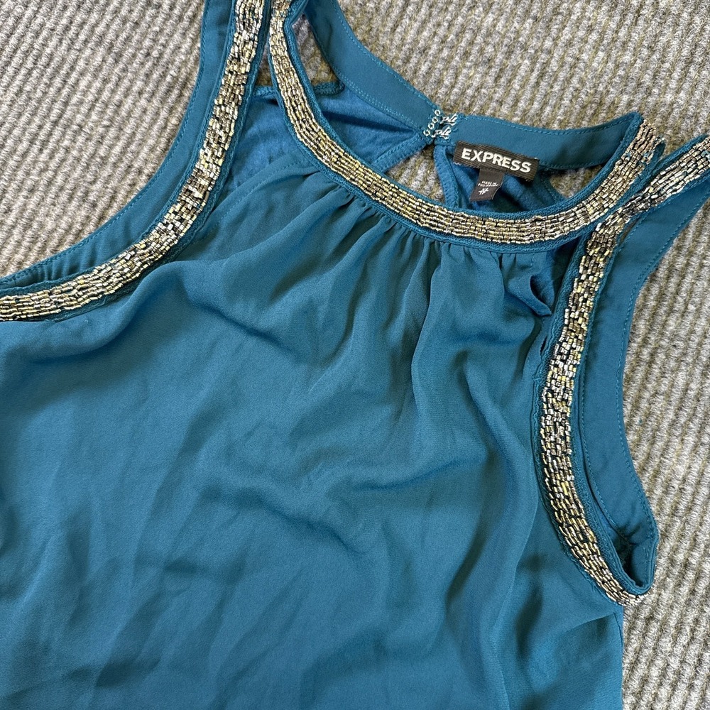 Express Tank Top Womens XS Teal Beaded Neck Sleeveless Blouse